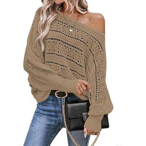 Women’s Apricot Off Shoulder Batwing Crochet Sweater Top, Fall Trendy